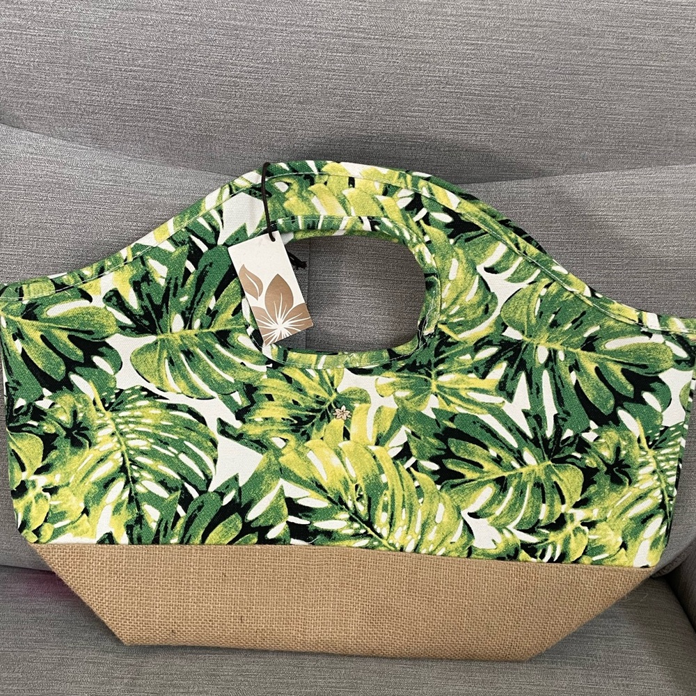 Cappelli Straworld Green Tropical Leaf Canvas/Jute tote bag. NWT.
